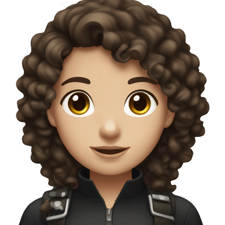 Brunette curly hair, white  equestrian girl with brown eyes standing next to a black horse emoji