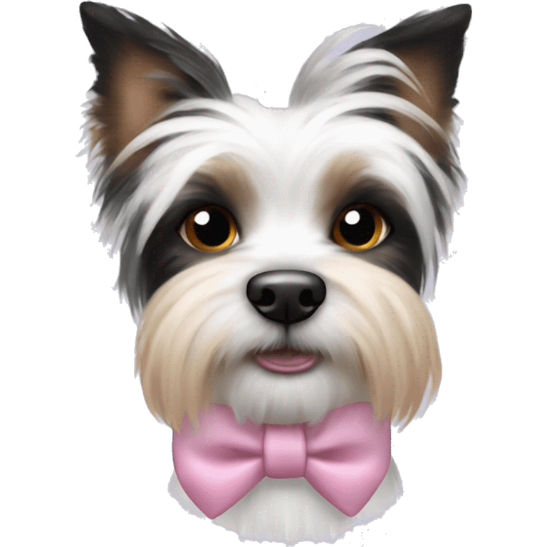 Black and white Biewer Terrier with pink bow between ears. Dog has One blue eye and one brown eye.  emoji