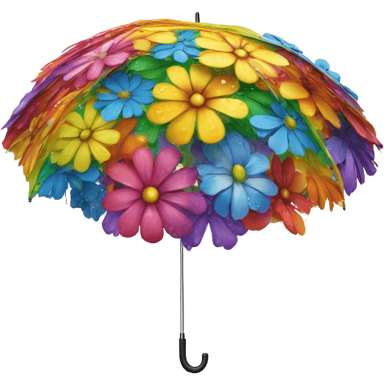 Rainbow umbrella made of flowers with dew drops dripping off and a large handle  emoji