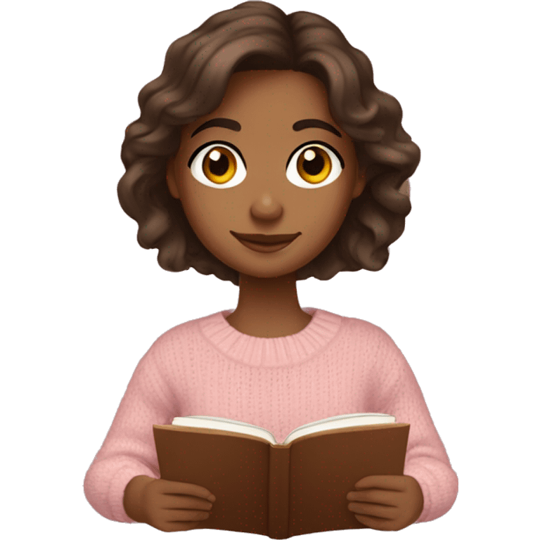 Pretty brown eyed medium brown girl with light pink sweater reading cozy emoji