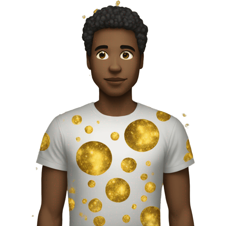 Person wearing t shirt filled with golden galaxies celestial emoji