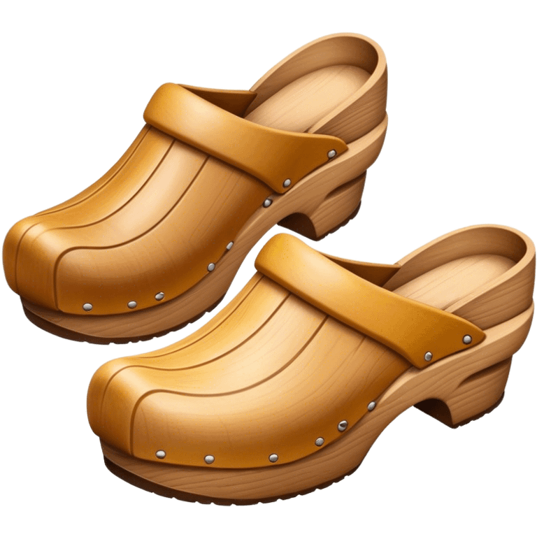 Cinematic Realistic Wooden Clogs Emoji, depicting the classic handcrafted footwear with a smooth, curved design and sturdy wooden soles, rendered with rich textures and warm, natural lighting. emoji