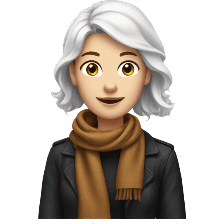 A woman white with freckles and brown hair, with a scarf and a black jacket, round face and with a smile emoji