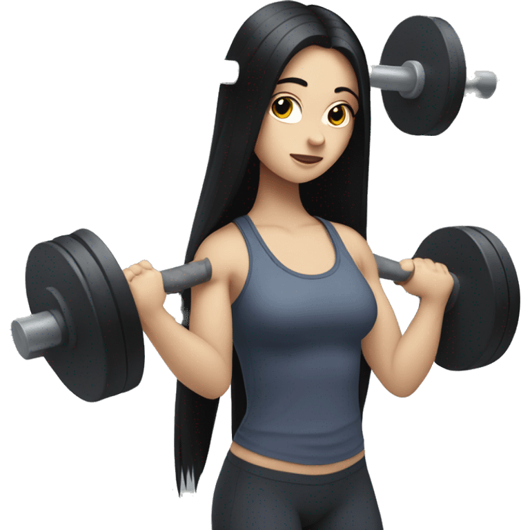 Pale girl with long black hair lifting weights emoji