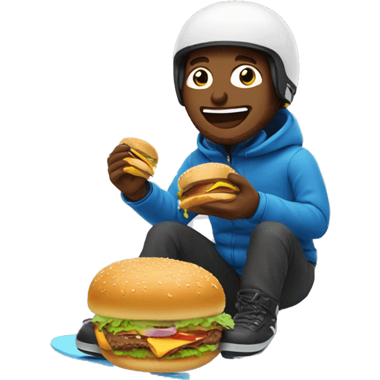 Man eating a burger while snowboarding emoji