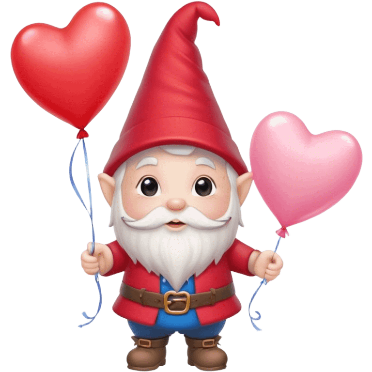 An adorable little pale pink Valentine’s Day style gnome holding balloons with hearts floating in the background emoji