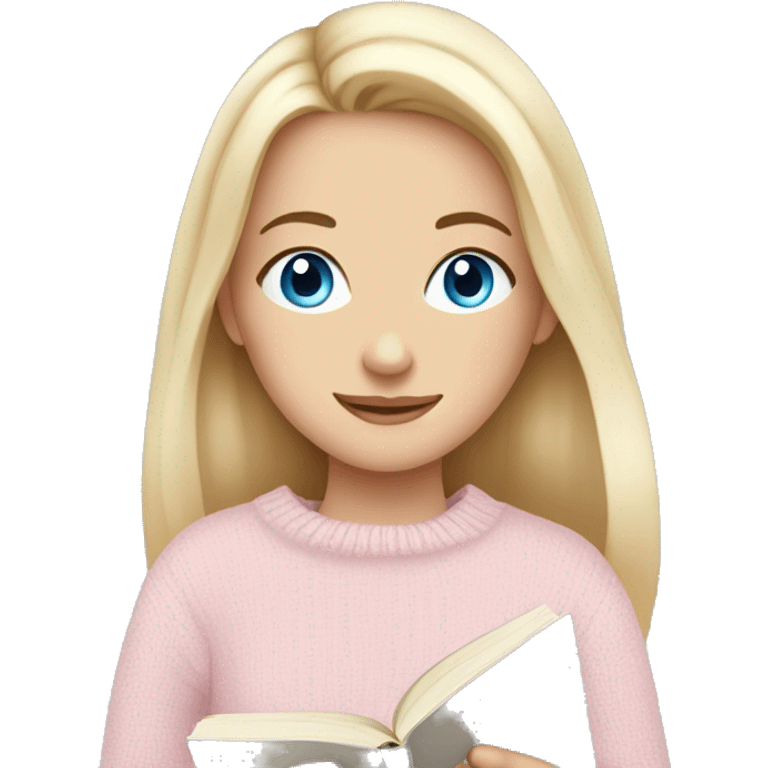 Pretty blue eyed white girl with light pink sweater reading cozy emoji