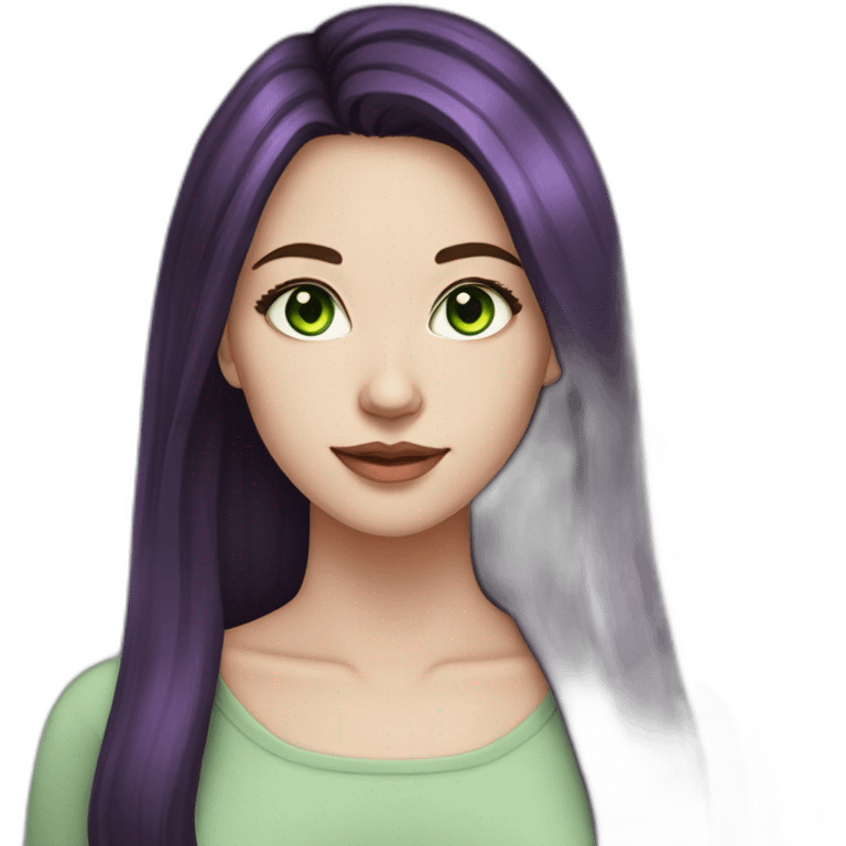 young adult woman with dark hair and purple highlights pale skin green eyes emoji