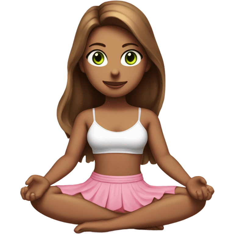 A girl with brown long hair, fair skin and green eyes is sitting in a lotus position in a white bra top and pink skirts emoji