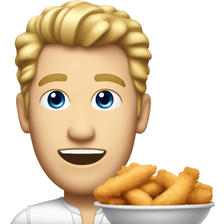 White guy with dirty blonde pompadour hairstyle and blue eyes eating chicken tenders  emoji