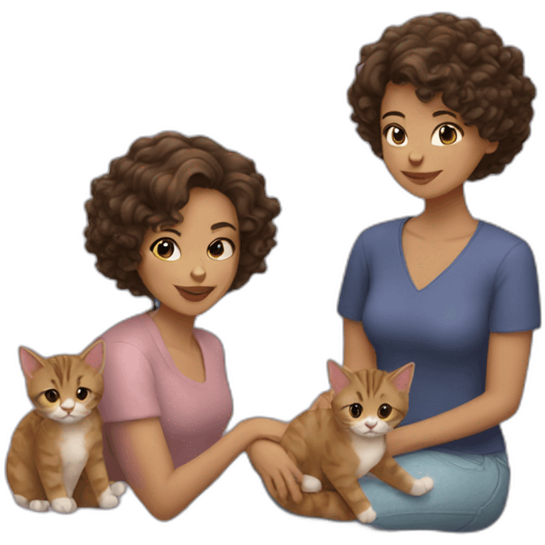 woman with brunette curly short hair playing with two cats emoji