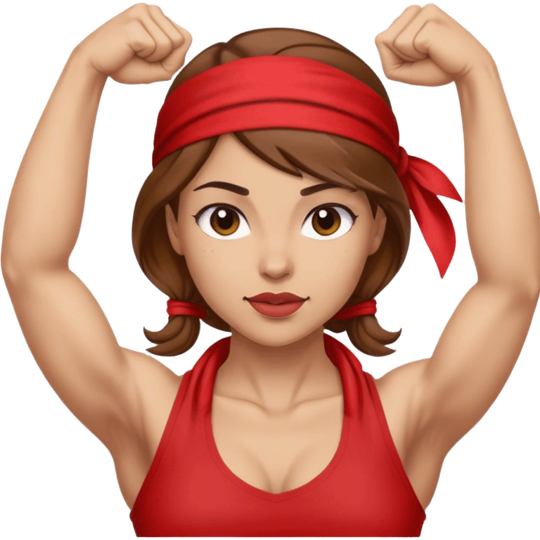 Light skin and brown hair with red bandana Rosie the Riveter shows biceps emoji