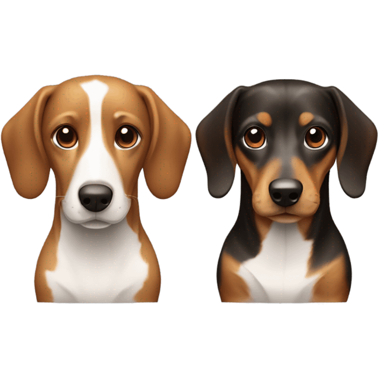 The dog on the right, a dachshund, features a smooth coat with a white body patterned with light brown patches and a brown head shaded with darker tones emoji