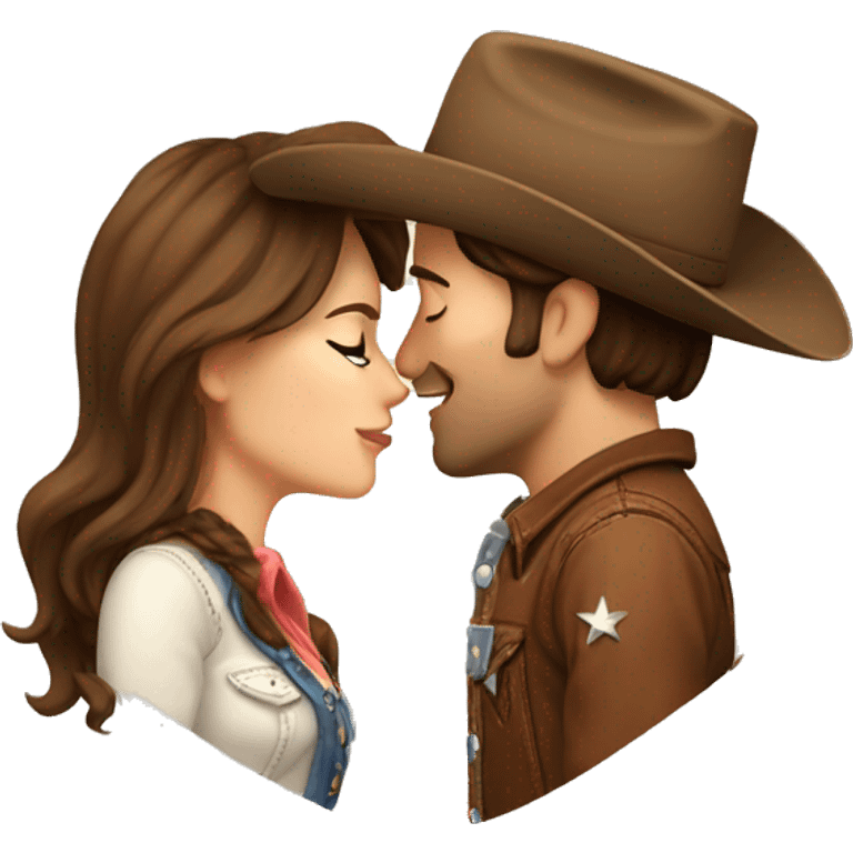 Cowboy with brown hair kissing cowgirl with brown hair emoji