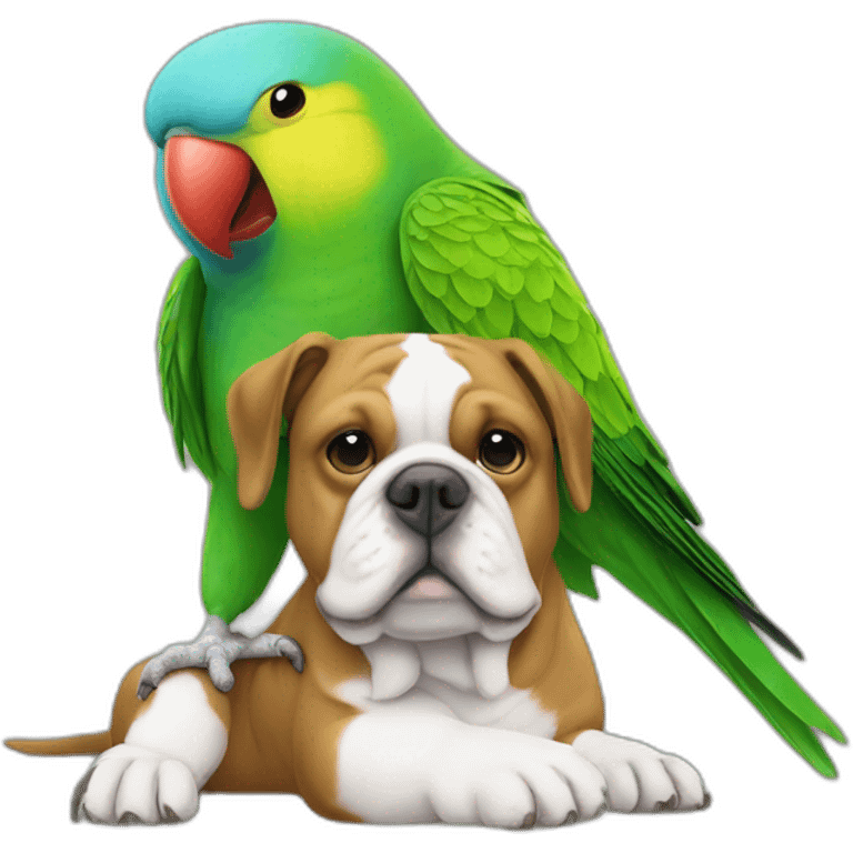 a green Parakeet sitting on a bulldog's head emoji