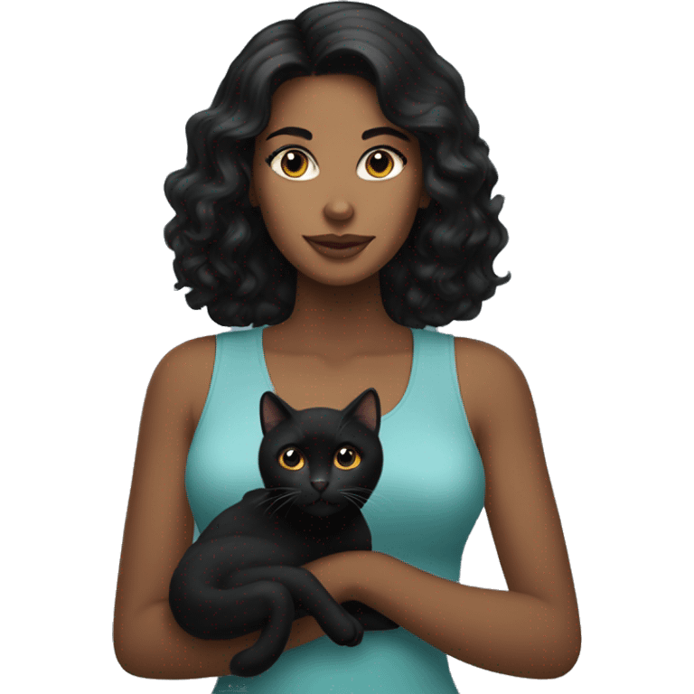 Pretty black haired woman holding Black cat emoji