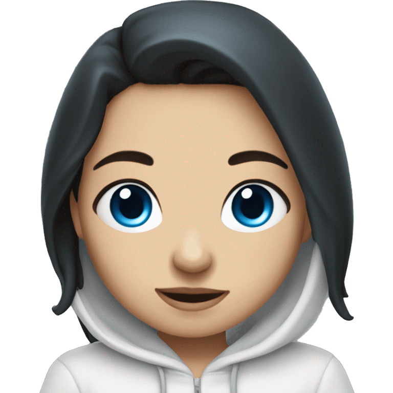 White dark haired female Angel with blue eyes and dimples wearing a hoodie emoji