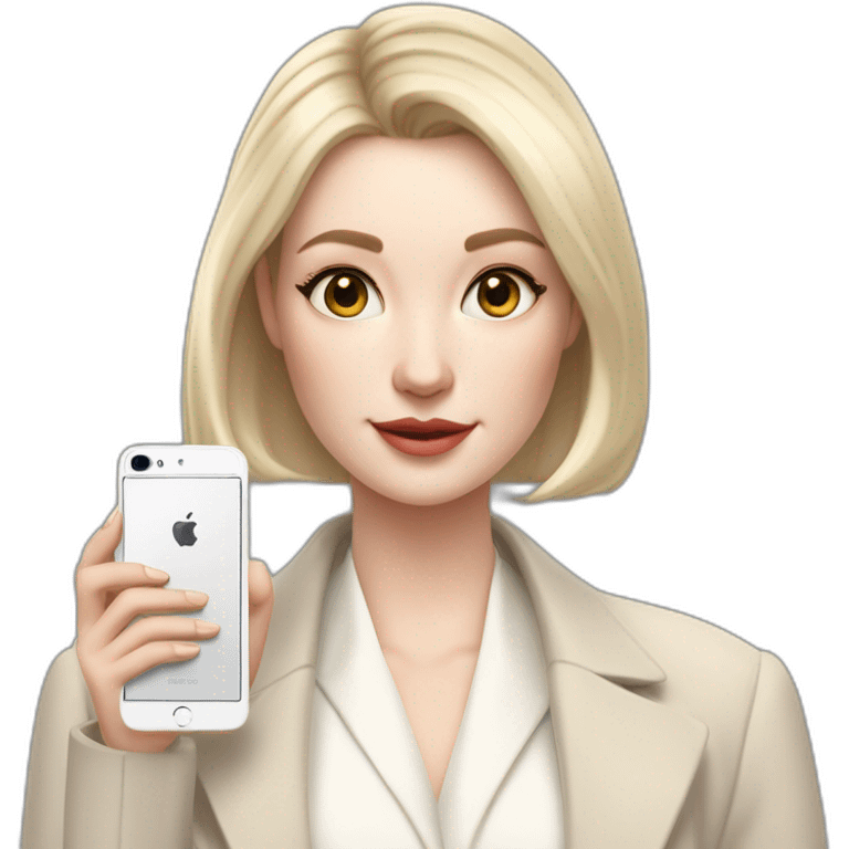 pale skin woman with ash blonde Straightened bob Hair, White Spacious classical jacket, beige palazzo Arrow pants and gray blouse holding white IPhone 15 pro in the hands emoji