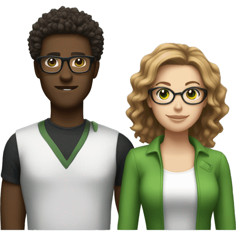 black male with spikey hair and glasses and white female with brown wavy hair , green eyes and glasses emoji