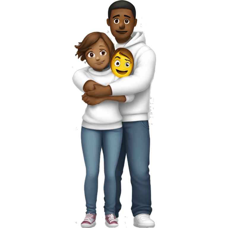 An emoji of a man wearing a white hoodie, standing next to his sister. He is hugging her warmly, showing a close sibling bond emoji