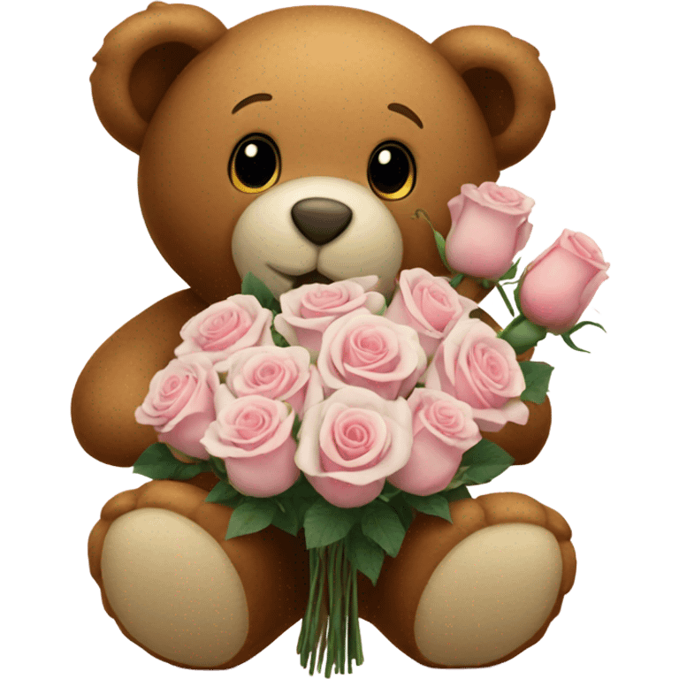 a white bouquet of white and pink roses and a brown teddy bear  emoji