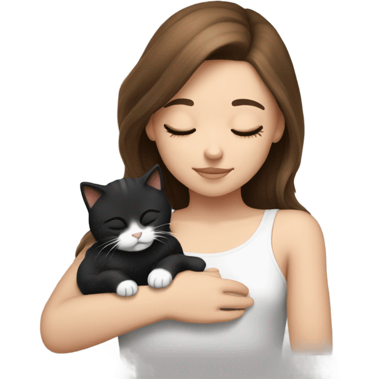 girl brown hair sleeping with black and white kitty emoji