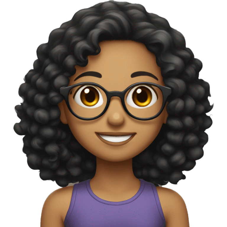 girl with black curly hair, round glasses and a big smile emoji