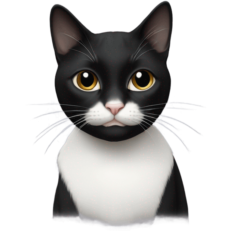 tuxedo cat with all black face and thin line of white running up her nose looking sweet emoji