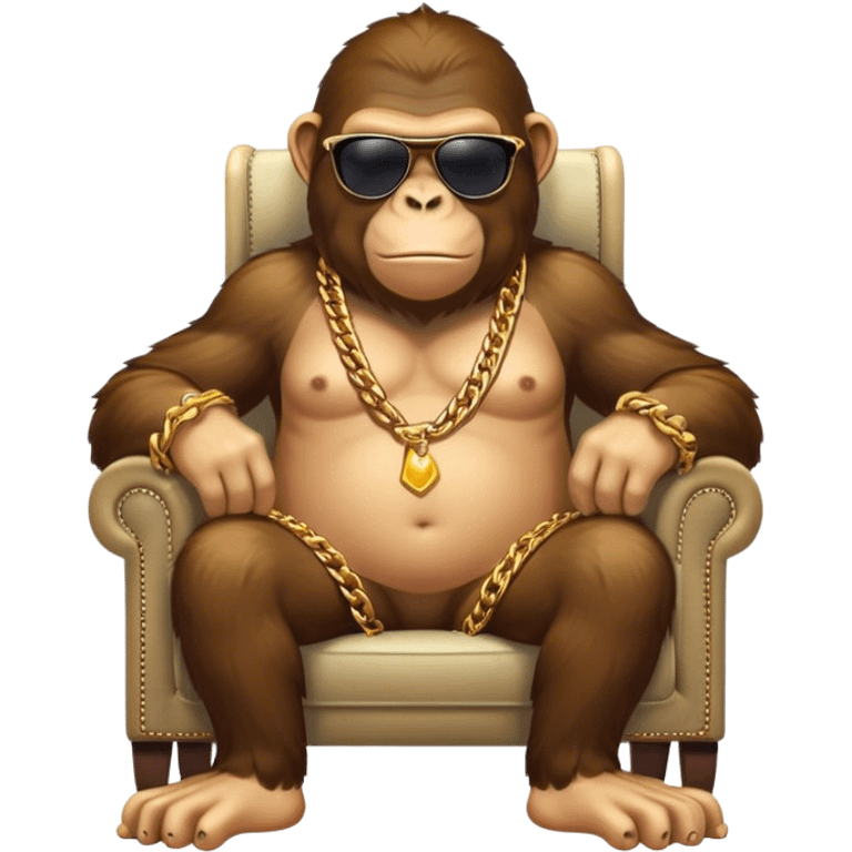 ape with big golden chain on the neck wearing sunglasses sitting in the armchair full height emoji