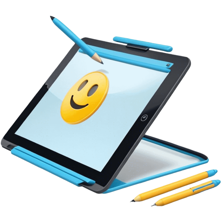 Create an emoji for 3D visualization and modeling. Show a large graphic tablet with a stylus drawing in a 3D modeling program. The 3D model on the screen should appear to protrude out of the screen. Use modern, professional colors. Make the background transparent. emoji