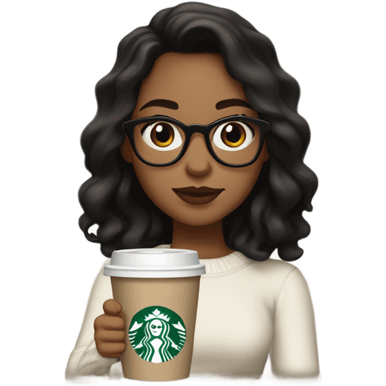 Tan girl with black wavy hair, dark brown eyes full lips holding a cup of Starbucks wearing a white sweater with glasses emoji