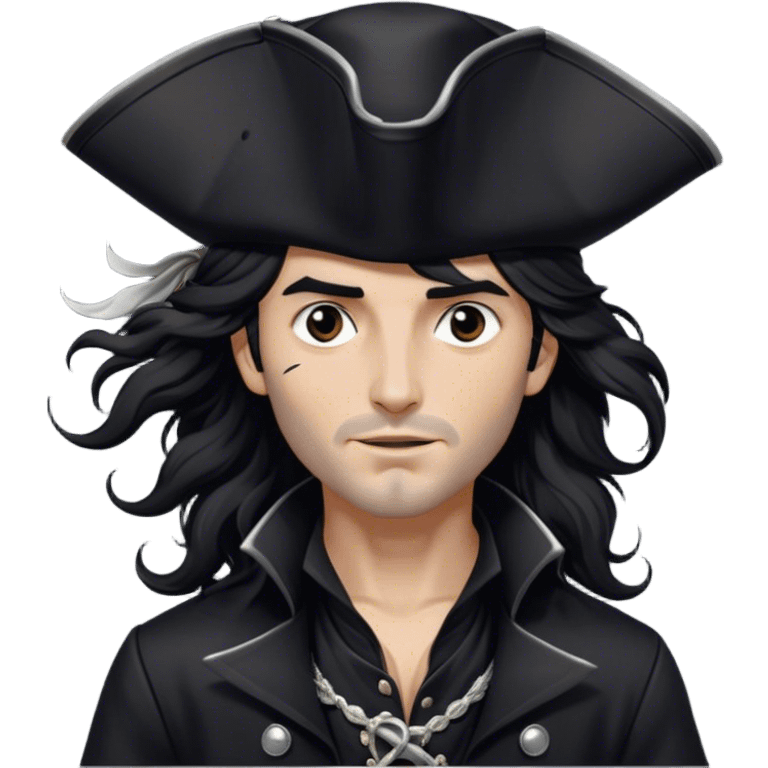 A charismatic pirate with wavy black hair tousled by the breeze. His silver-embroidered tricorn hat casts a shadow. Dark eyes glint with mischief as he looks to the side. His black coat, adorned with silver buttons, shifts with the wind emoji