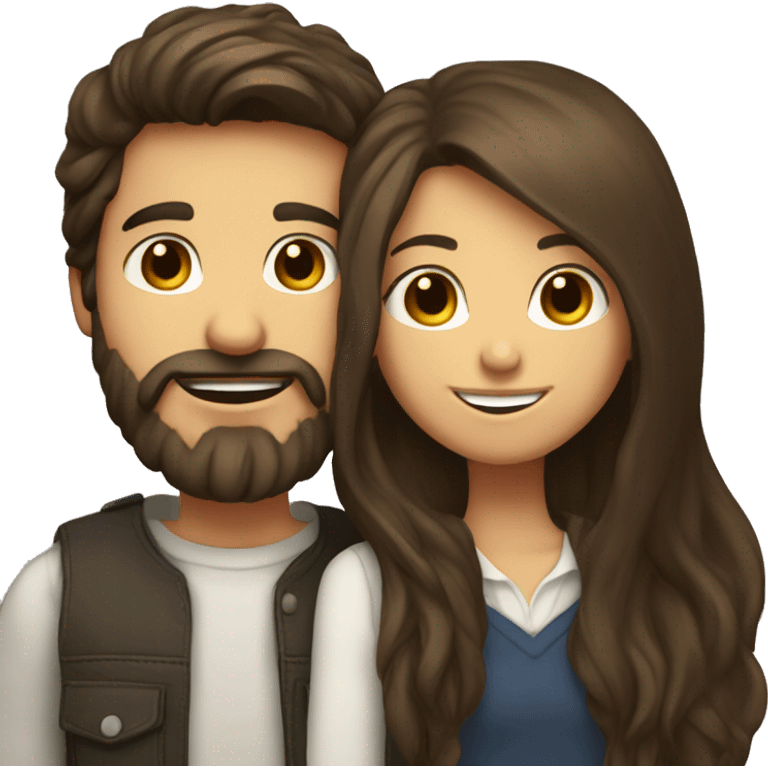 Brunette happy couple boy with beard and girl  with long hair kissing emoji