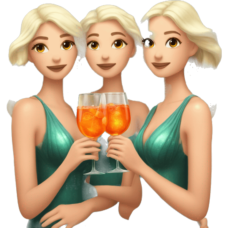 Three beautiful bright skin mermaids drinking aperol emoji