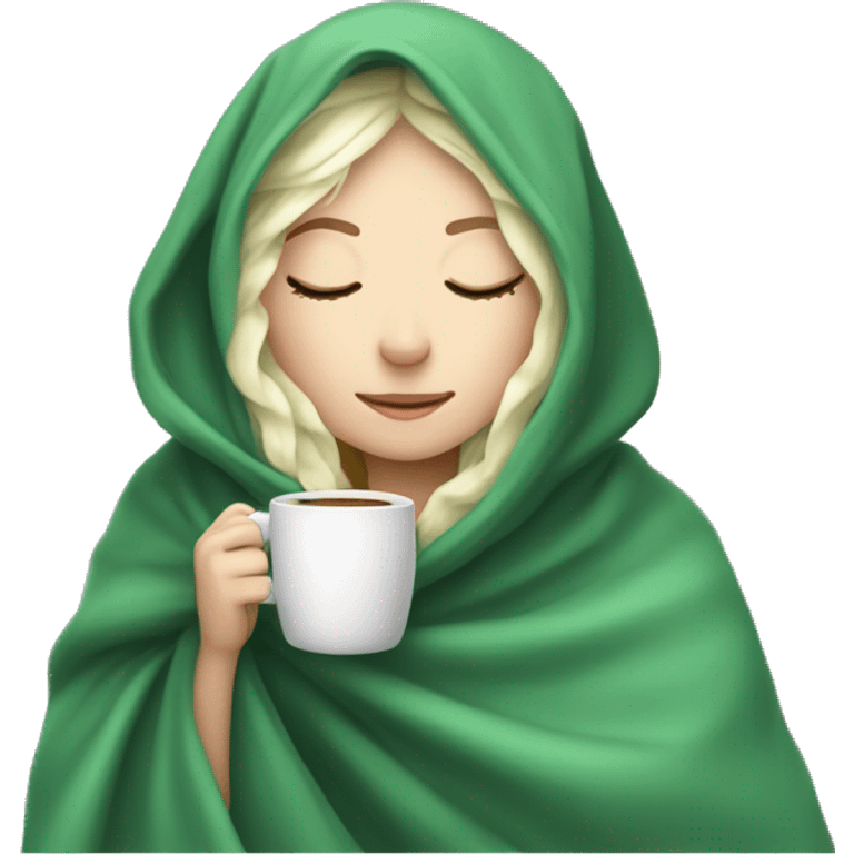 Green haired white girl inside a blanket sipping coffee eyes closed emoji