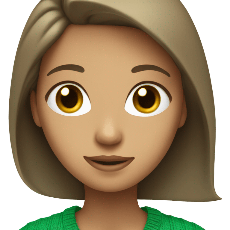 tan girl with  brunette hair blue eyes and a green sweater on emoji