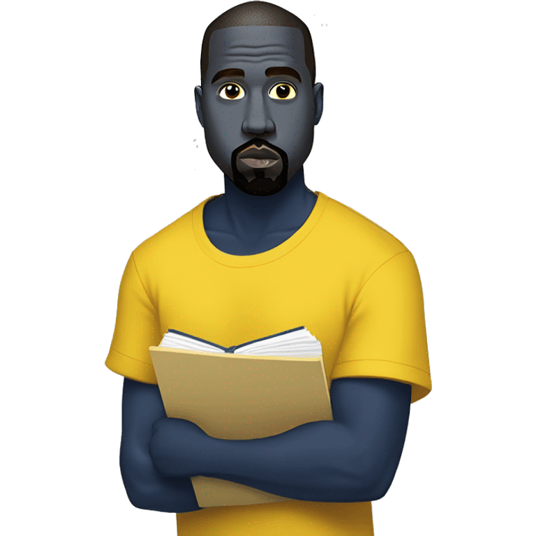 kanye west wearing a dark blue T-shirt, holding a big yellow notepad emoji