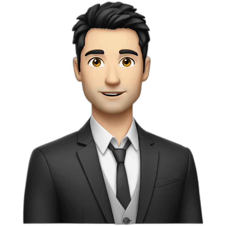 man, blue eyes, 30 years old, white skin, black hair, blazer with t-shirt, good looking emoji