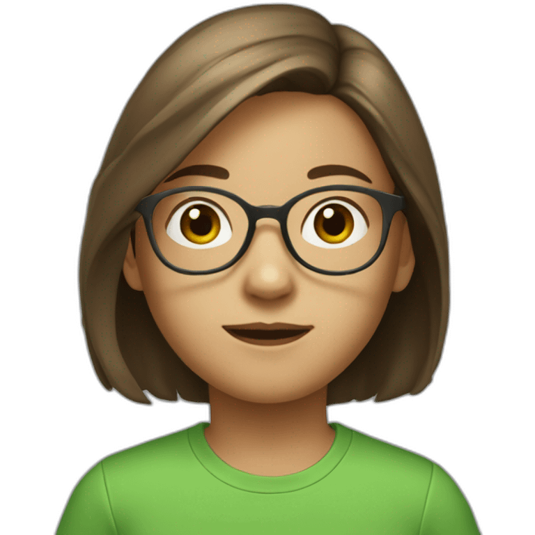 11 years old girl with shoulder length brown hair and glasses with green t shirt emoji