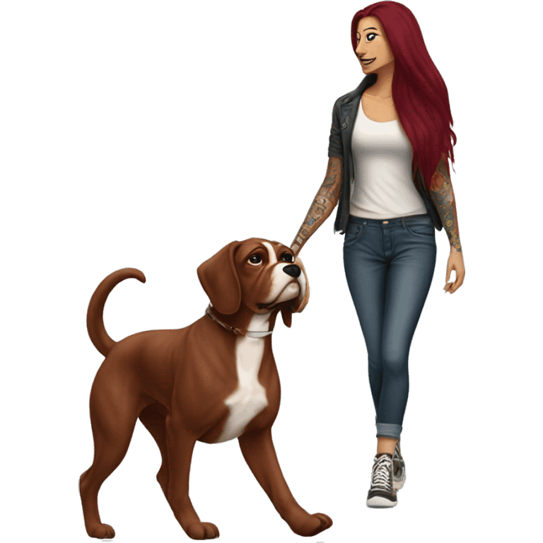 Beautiful tattooed  burgundy long haired woman walking a boxer dog emoji