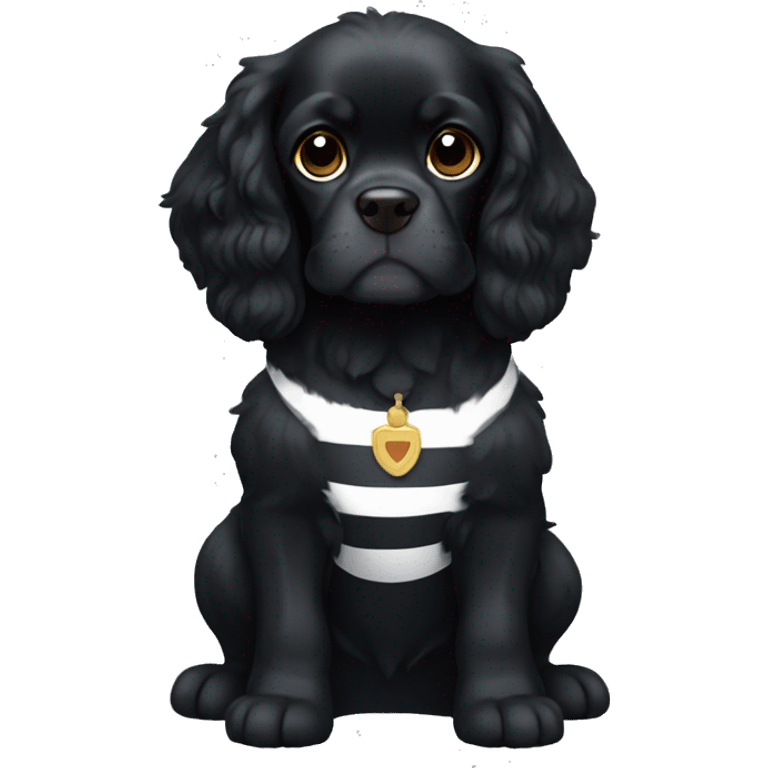 Small completely black king spaniel with black fur on his whole face and white stripe on chest emoji