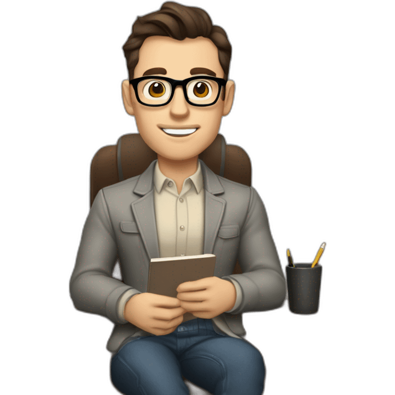 Pale skinned Fit Man With dark brown hair in gray jacket, beige office shirt and vintage glasses sitting In a soft chair with a notebook with emblem Ψ and a pen in his hands emoji