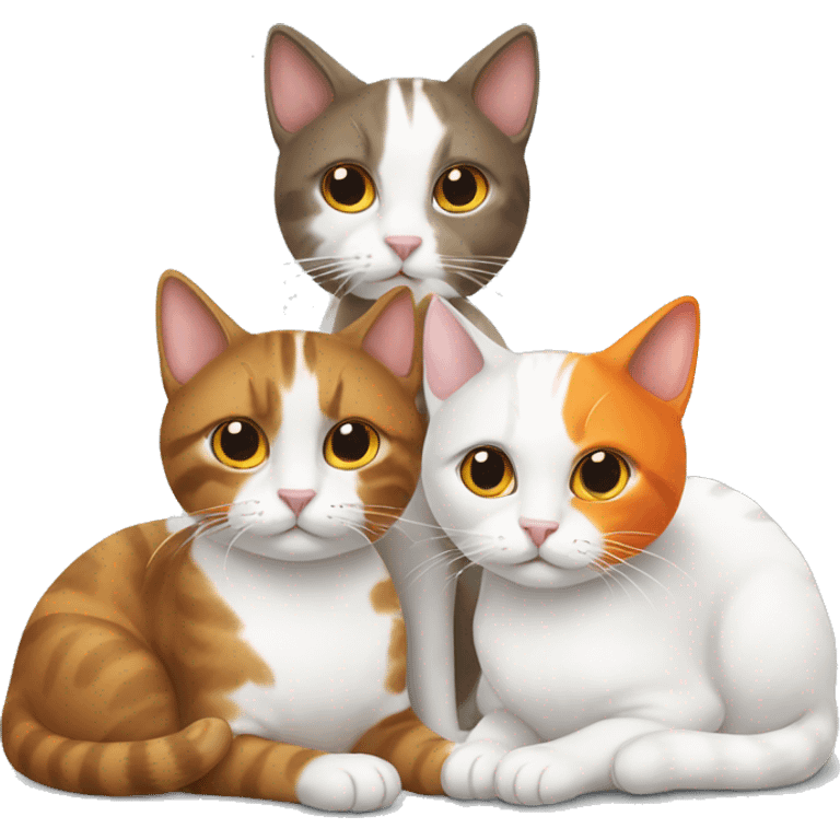 Three cats sitting together one brown, one white, one orange and white emoji