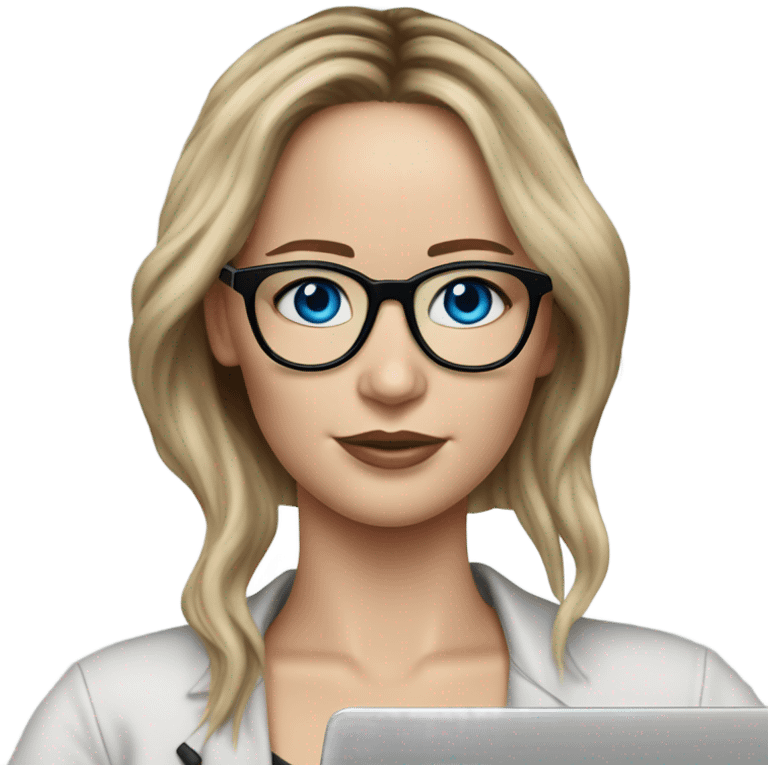 Realistic Photo of Brunette Jennifer Lawrence wearing black glasses and blue eyes  on a laptop  emoji