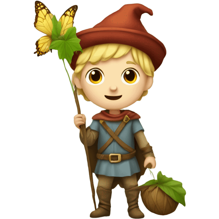 Medieval little whimsical little boy who is pale and he has a leaf hat and is riding a butterfly emoji