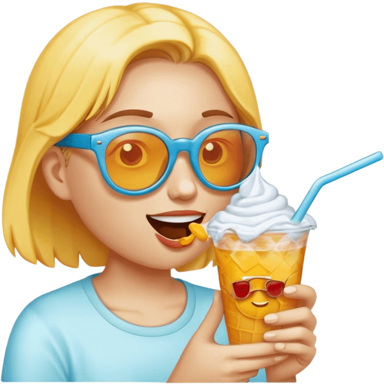 Une personne qui mange une glace avec des lunettes de soleil emoji