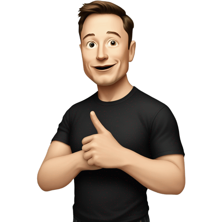 A cartoon-style illustration of Elon Musk with a confident smirk, wearing his signature black t-shirt, pointing downward with both index fingers toward the content below. His facial expression should convey a mix of enthusiasm and playful authority.  emoji