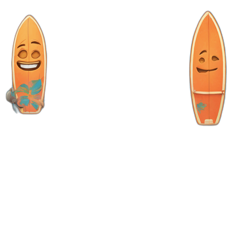 A surfboard Cartoon Blue and orange tiki smiling with butterfly and and Cartoon Blue and pink tiki singing with butterfly and mikrophone emoji