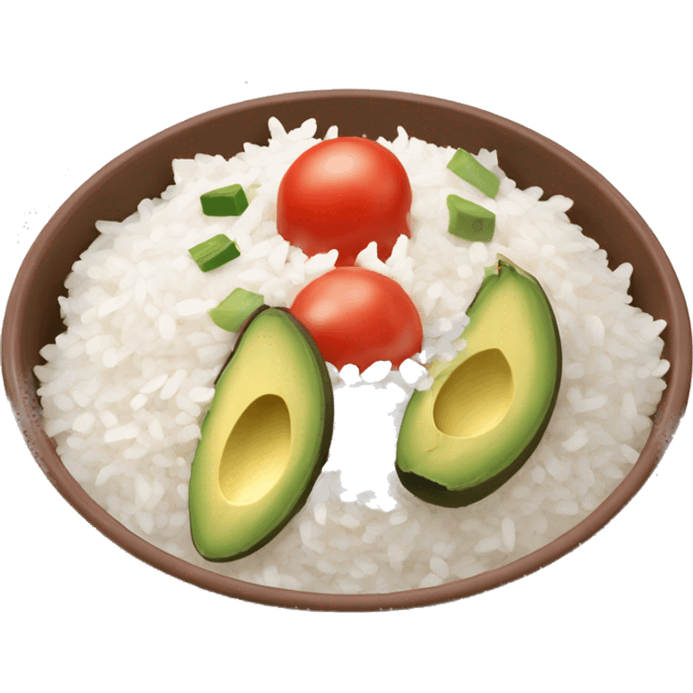 a big bowl with the same amount of white rice, tomatoes, green sliced paprika, sliced avocado and pink joghurt emoji