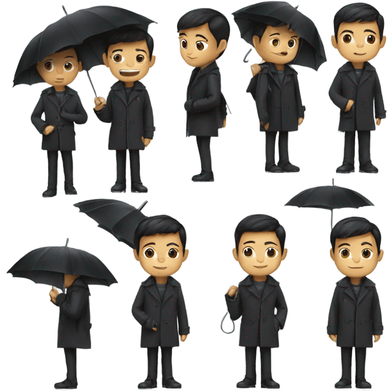 Asian boy wearing black trench coat holding umbrella emoji